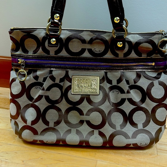 COACH Op Art Poppy Tote Tan Brown Signature C's Purple Leather Trim, EUC - Picture 9 of 9